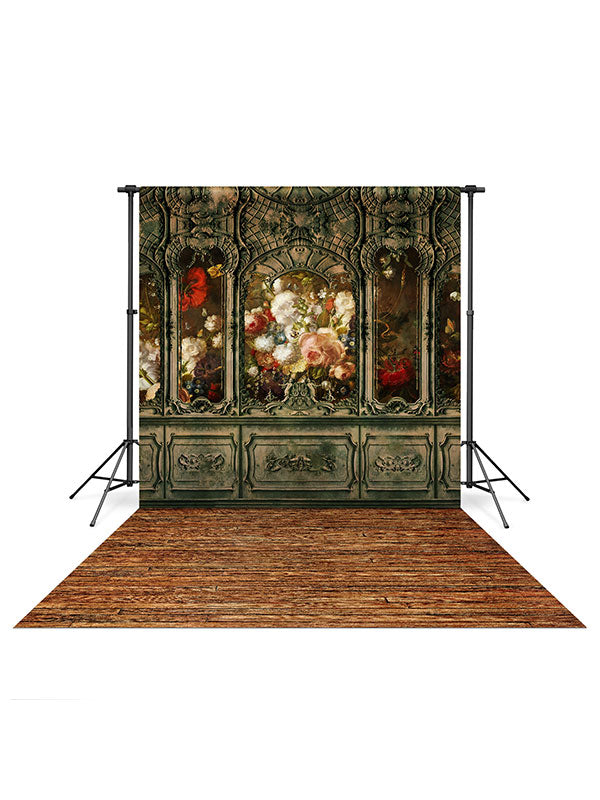 Victorian Manor Floral Wall Backdrop and Victorian Hardwood Floor Drop Bundle For Sale