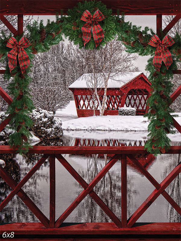 Winter Bridge Backdrop and Brown Wooden Planks Floor Drop Bundle For Sale