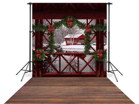 Winter Bridge Backdrop and Brown Wooden Planks Floor Drop Bundle For Sale