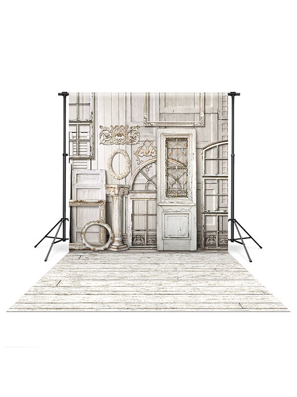 White Wooden Wall Backdrop and French Country White Wood Floor Drop Bundle on Sale