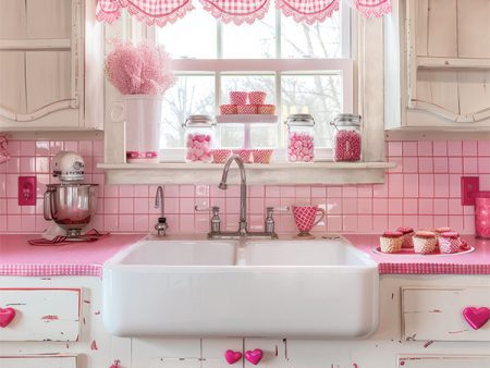 Valentine s Day Kitchen Backdrop with Pink Gingham Accents Online