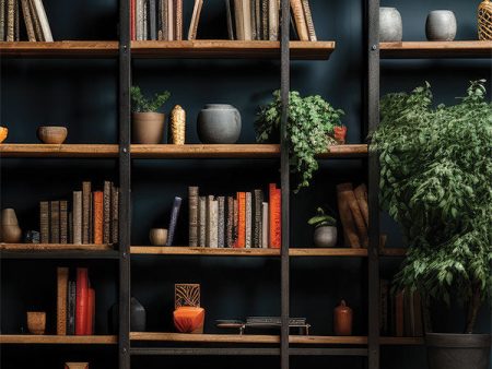 Modern Library Bookcase with Greenery Photography Backdrop Fashion