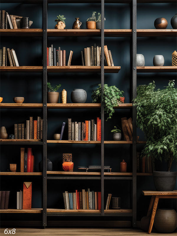 Modern Library Bookcase with Greenery Photography Backdrop Fashion